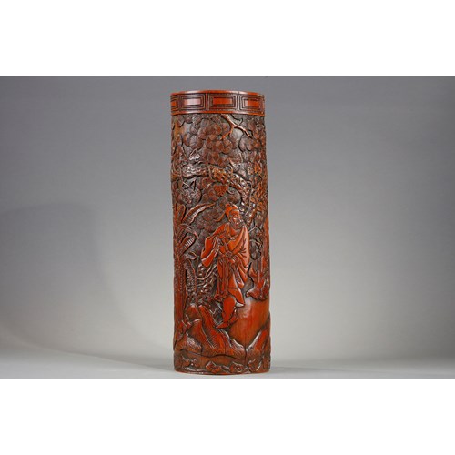 Large bamboo brushpot with carved decor